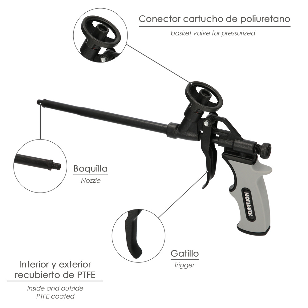 Pistola Para Espuma Poliuretano Recubriemiento Integro PTFE (Interior y Exterior) Pistola Calafatear, Rellenar, Sellar - Imagen 3