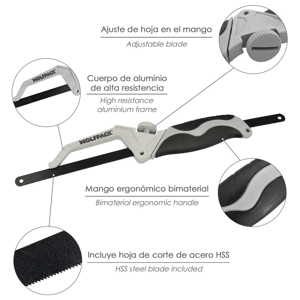 Mini Sierra Empuñadura Aluminio Con Hoja 300 mm. Ajustable, Hoja Corte HSS, Serrucho, Segueta, Segueta, Mini Arco Sierra - Imagen 4