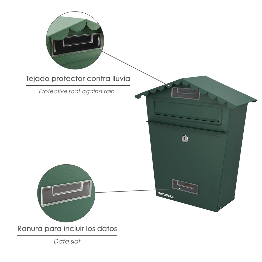 Buzon Exteriores House Verde 330 x 125 x 365 (Alt.) mm. Con Tejado, Acero Pintado. Buzon Pared, Buzon Cartas, Buzon Correos - Imagen 3