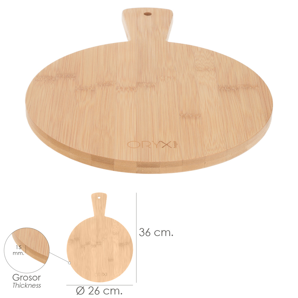 Tabla Cortar Cocina Redonda Hecha En Madera De Bambu 100% Con Mango Ø26x36 cm.Tabla Cortar,Carne Pescado,Verdura,Fruta,Alimentos - Imagen 2
