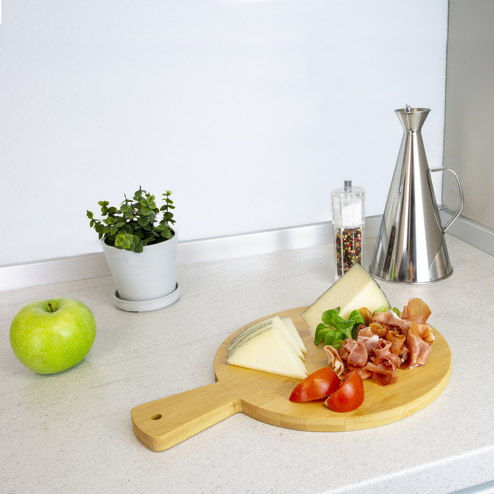 Tabla Cortar Cocina Redonda Hecha En Madera De Bambu 100% Con Mango Ø26x36 cm.Tabla Cortar,Carne Pescado,Verdura,Fruta,Alimentos - Imagen 3