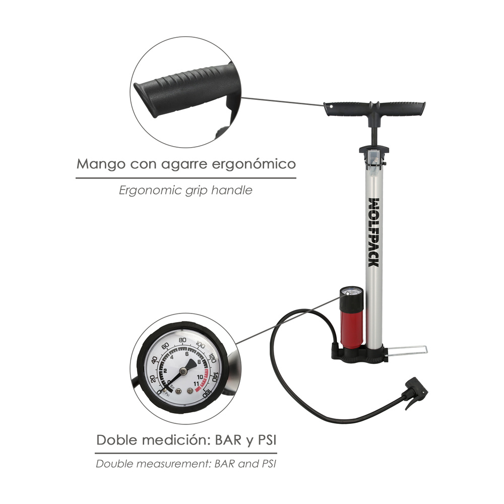 Bomba Inflar Bicicleta Con Manometro. Doble Boquilla Valvula Presta y Schrader. Con Adaptadores. Ø 32 x 500 mm. 10 BAR / 160 PSI - Imagen 3