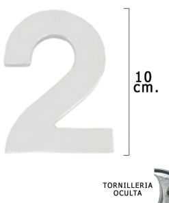 Numero Metal "2" Plateado Mate 10 cm. con Tornilleria Oculta (Blister 1 Pieza)