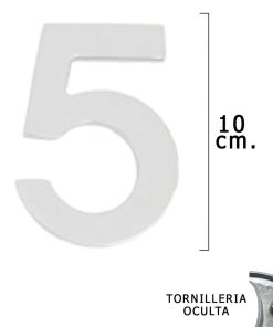 Numero Metal "5" Plateado Mate 10 cm. con Tornilleria Oculta (Blister 1 Pieza)