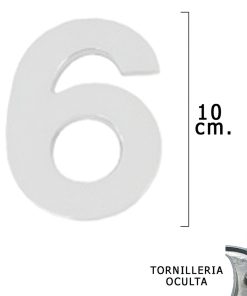 Numero Metal "6" Plateado Mate 10 cm. con Tornilleria Oculta (Blister 1 Pieza)
