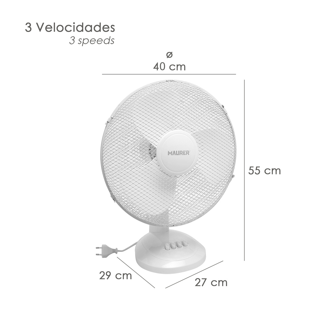 Ventilador Maurer Mesa Ø 40 cm. 45 W. Aspas gran tamaño, Inclinación ajustable, 3 velocidades - Imagen 2