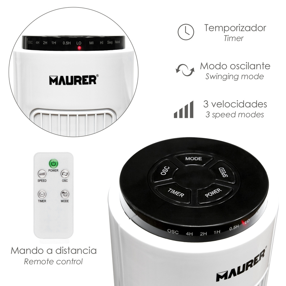 Ventilador Maurer Torre 73 cm 3 Velocidades. Funcion Oscilante. Con Temporizador y Mando a Distancia. - Imagen 3