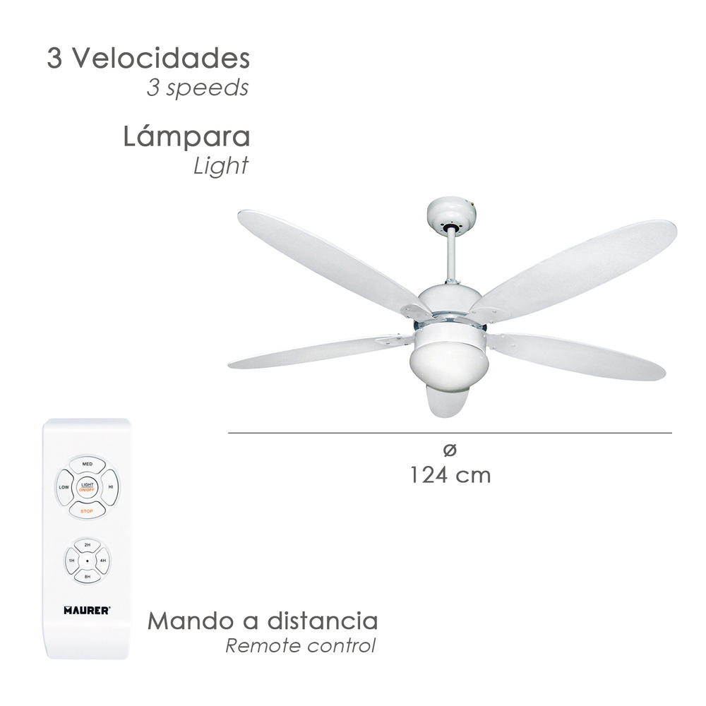 Ventilador Techo Ø 124 cm. 70 Watt. Con Luz y Mando A Distancia 5 Aspas y 3 Velocidades. Con temporizador - Imagen 2