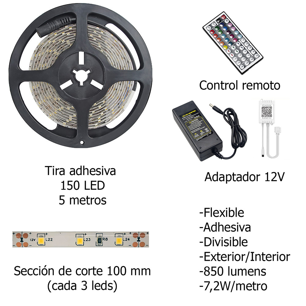 Tira Led Multicolor Rgb Con Mando Adhesiva Con 150 Leds 36 W 12 V. 850 Lumenes Luz Multicolor IP 20 5 Metros - Imagen 2