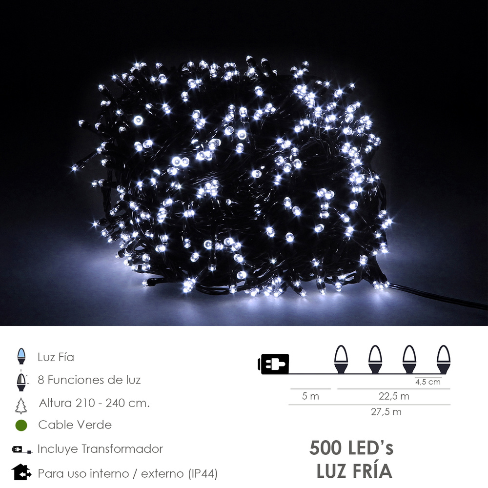 Guirnalda Luces Navidad 500 Leds Color Blanco Frio. Luz Navidad Interiores y Exteriores Ip44 - Imagen 2