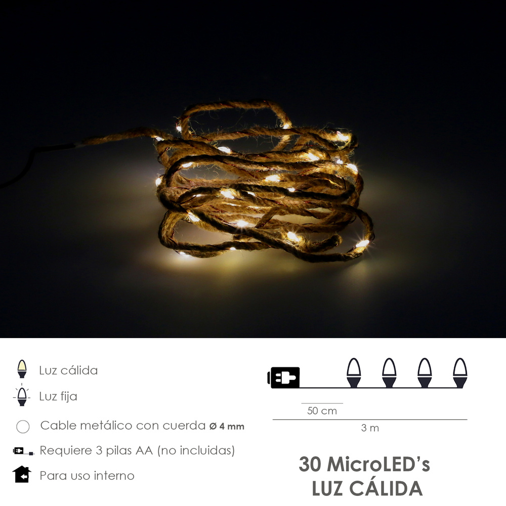 Guirnalda Luces Navidad Led Cuerda 30 Microled Blanco Calido Luz Navidad Interiores IP20. A Pilas 3 AA (No Incluidas) - Imagen 2