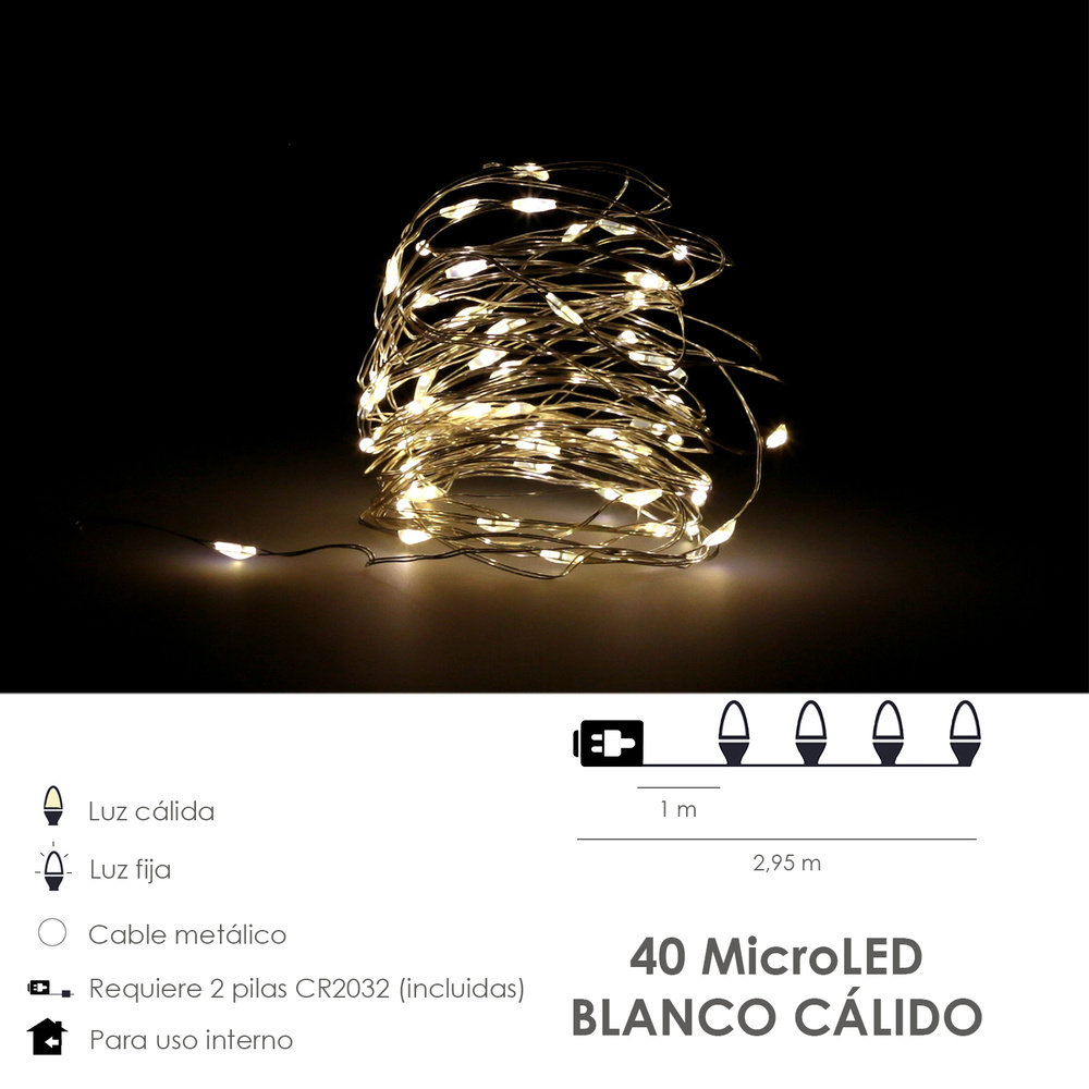 Guirnalda Luces Navidad Microled 40 Leds Color Blanco Calido. Luz navidad interiores IP20 A Pilas (3 AA No Incluidas) - Imagen 2