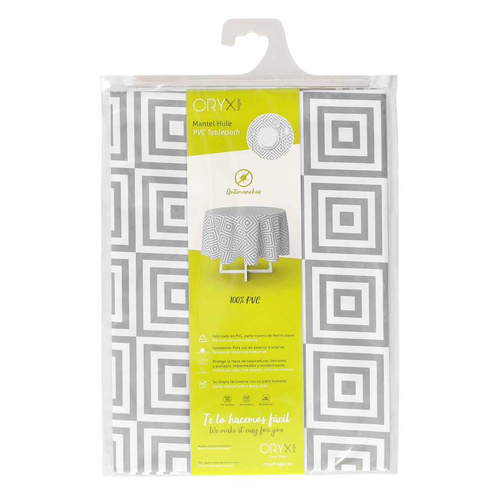 Mantel Hule Redondo Rombos Grises Impermeable Antimanchas PVC Ø140 cm. Uso Interior y Exterior - Imagen 4