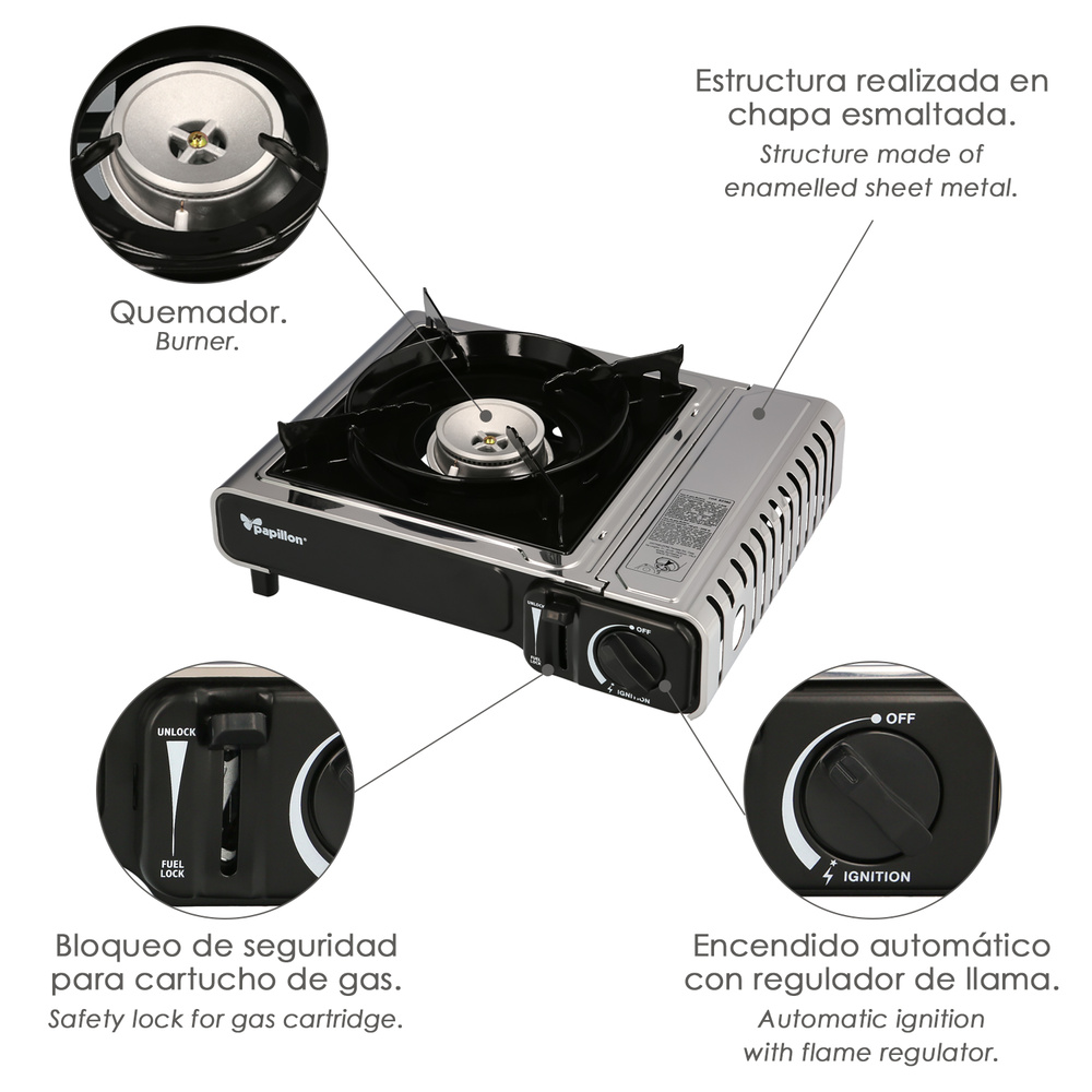 Cocina Gas Inoxidable A Cartucho Con Maletin, Cocina Portatil, Cartuchos Gas 230 gramos. Certificacion EN 17476/2021 - Imagen 2