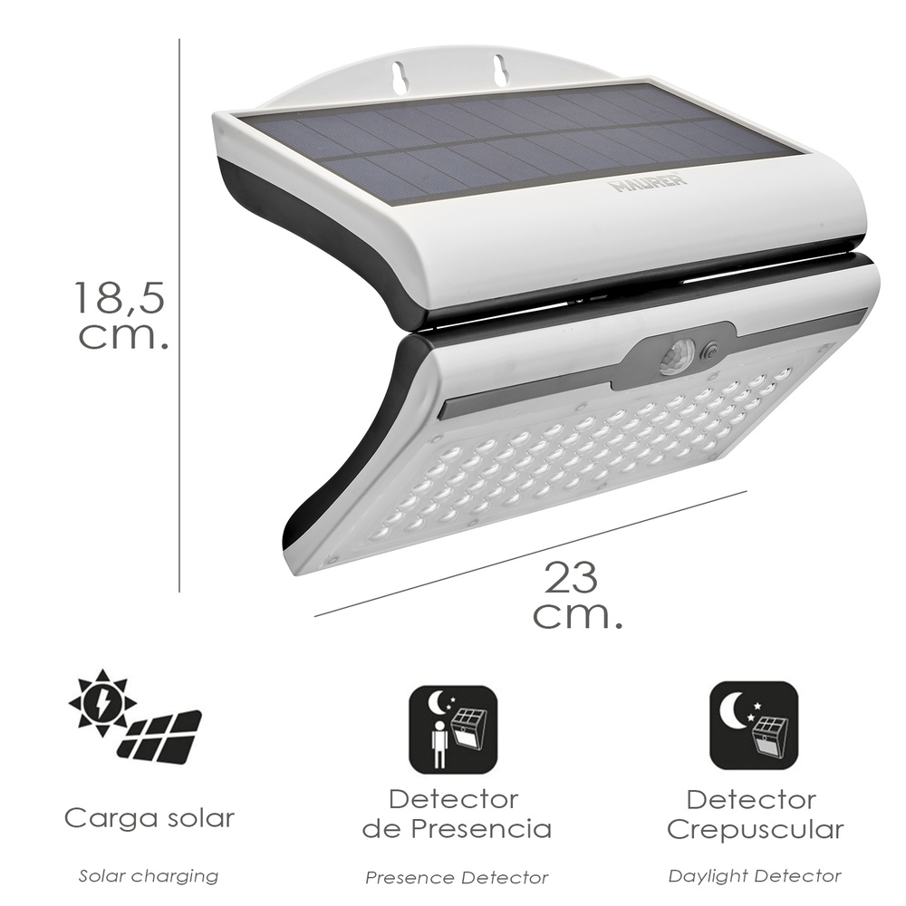 Aplique / Lampara Solar Led Jardin Blanca Con Sensor de Movimiento y Crepuscular. IP44 - Imagen 4