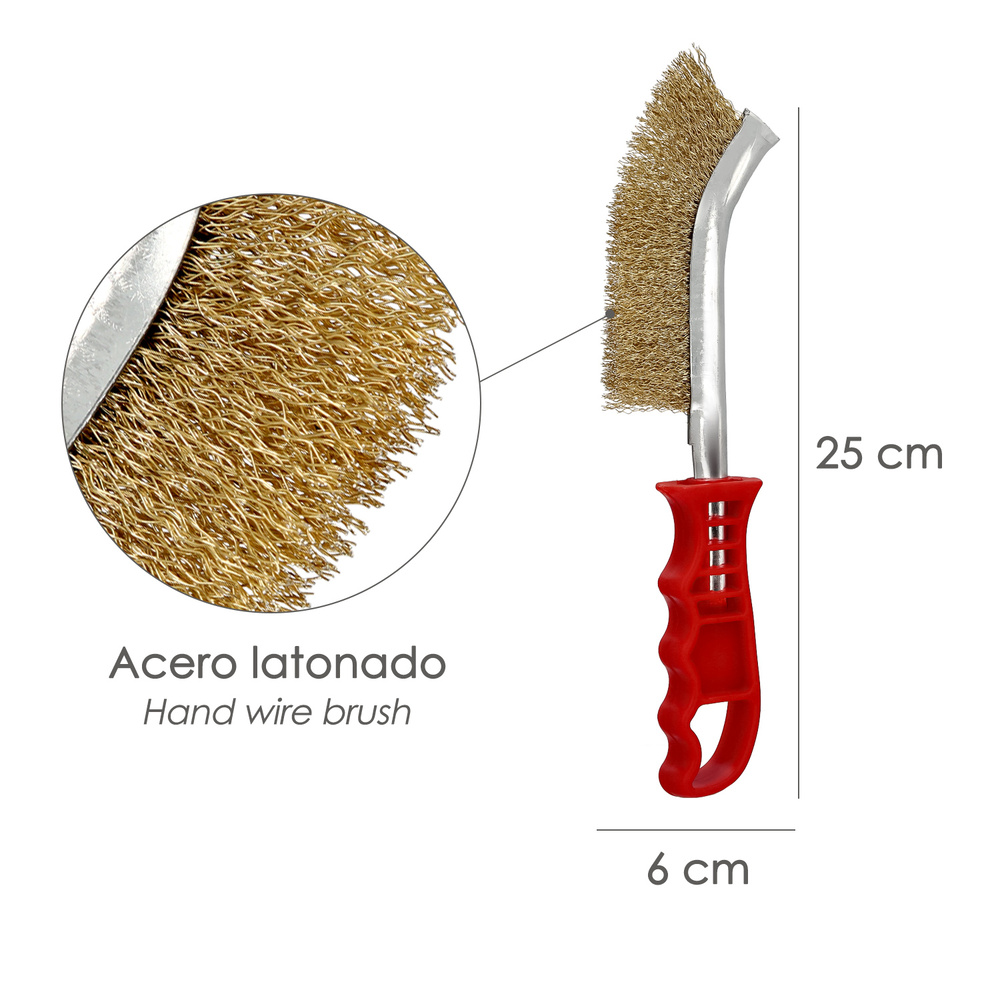 Cepillo Acero Latonado Mango Rojo 25 cm. cepillo Eliminación Oxido, Pintura, Pulido De Metales. - Imagen 2