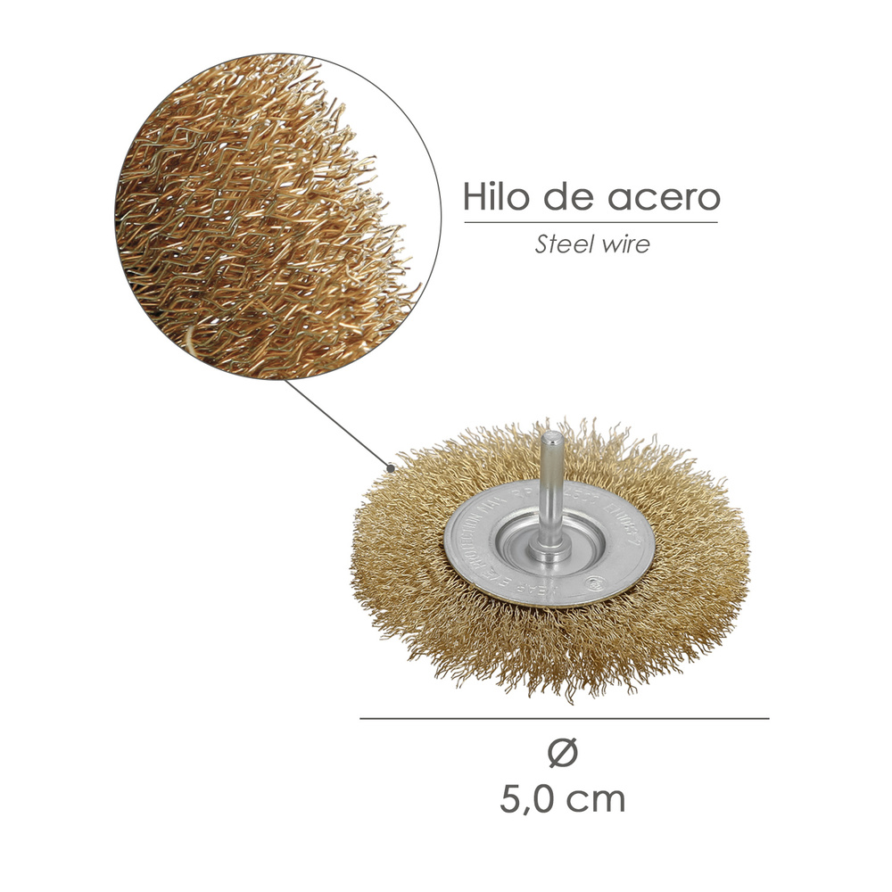 Cepillo Acero Latonado Para Taladro. Disco Ø 50 mm. Espiga 1/4" Cepillo Taladro Alambre Latón, Cepillo Limpieza, Cepillo Pulir. - Imagen 2