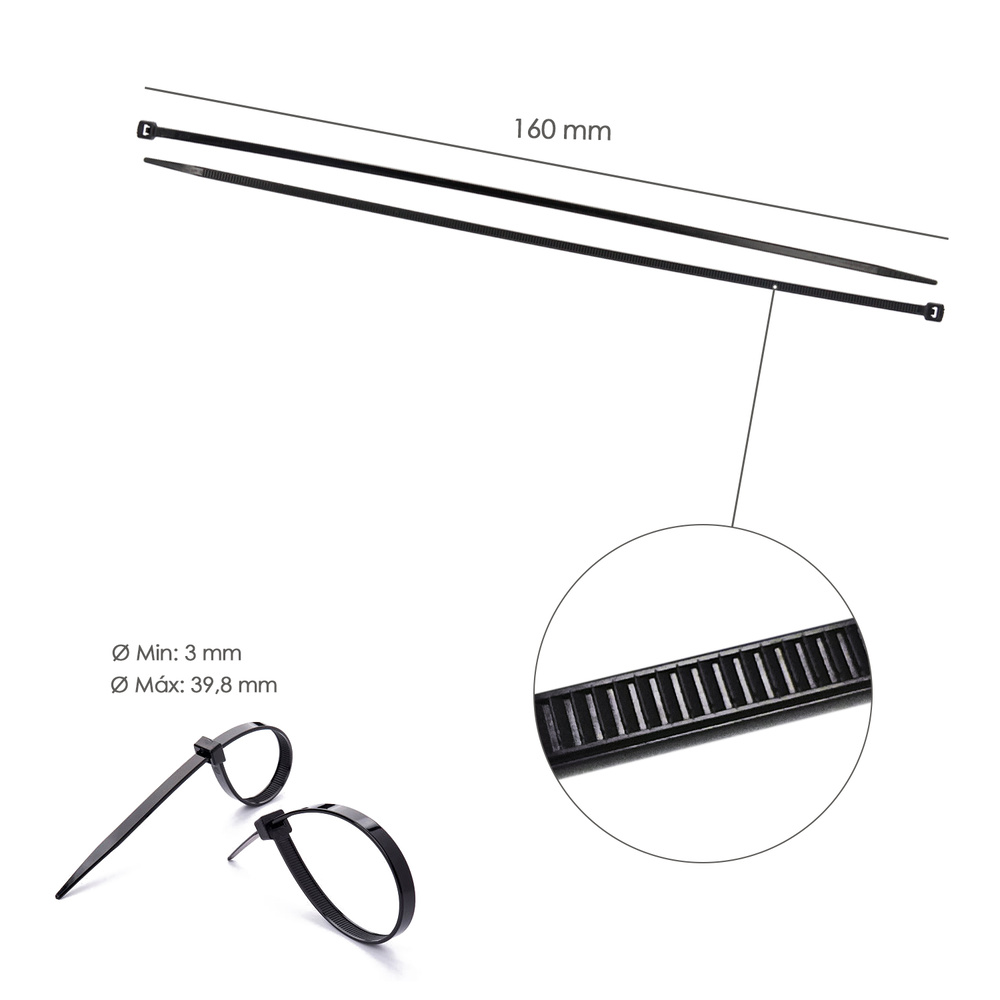 Brida Nylon 100%. Color Negro 2,5 x 160 mm. Bolsa 100 unidades. Abrazadera Plastico, Organizador Cables, Alta Resistencia - Imagen 2