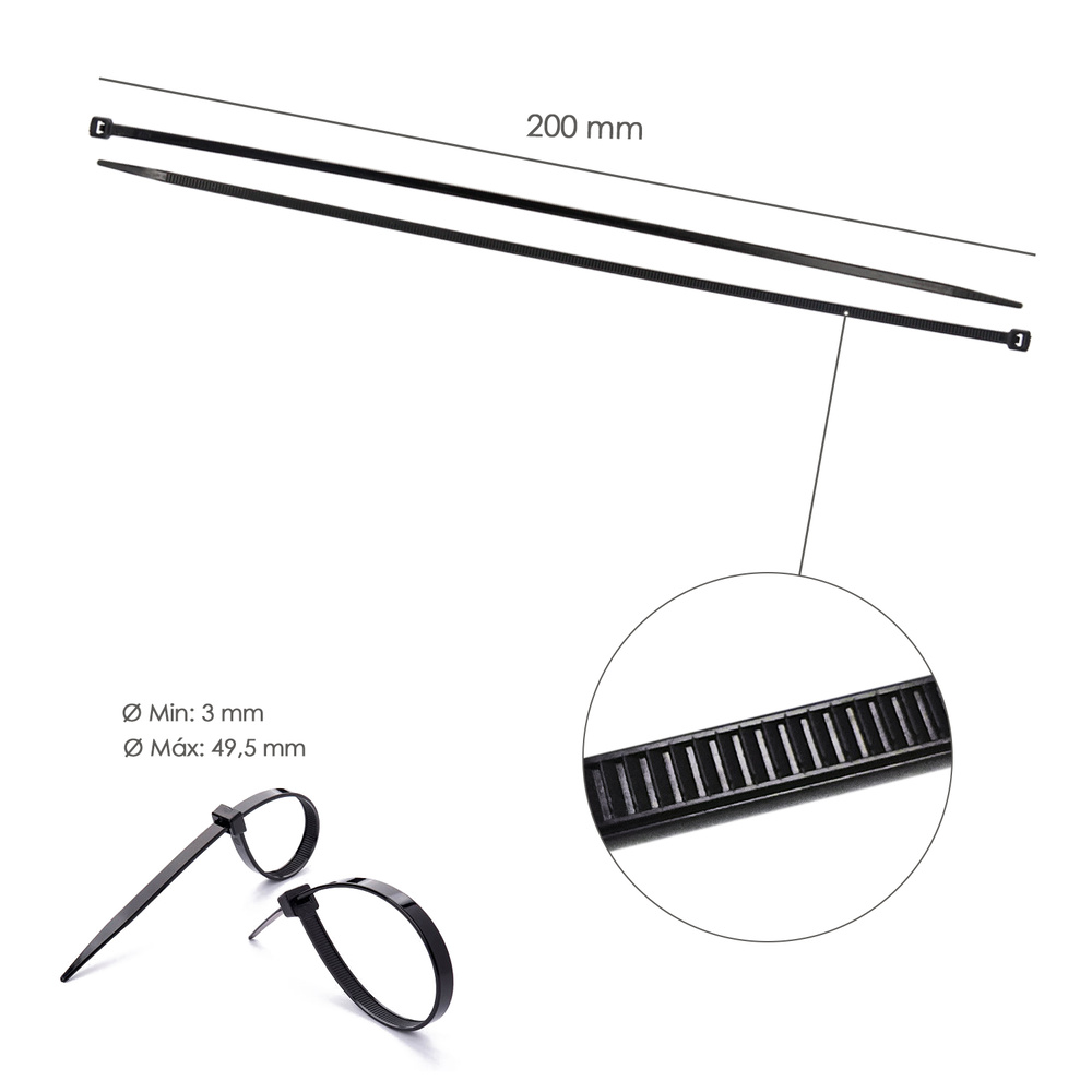 Brida Nylon 100%. Color Negro 4,5 x 200 mm. Bolsa 100 unidades. Abrazadera Plastico, Organizador Cables, Alta Resistencia - Imagen 2