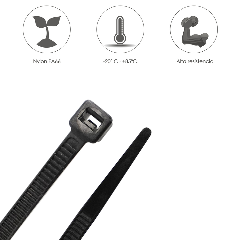 Brida Nylon 100%. Color Negro 4,5 x 280 mm. Bolsa 100 unidades. Abrazadera Plastico, Organizador Cables, Alta Resistencia - Imagen 4