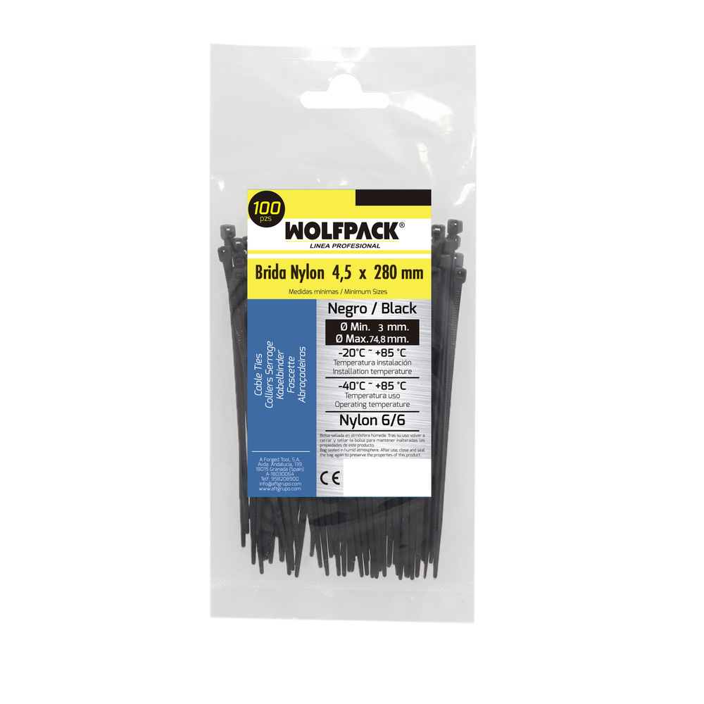 Brida Nylon 100%. Color Negro 4,5 x 280 mm. Bolsa 100 unidades. Abrazadera Plastico, Organizador Cables, Alta Resistencia - Imagen 5