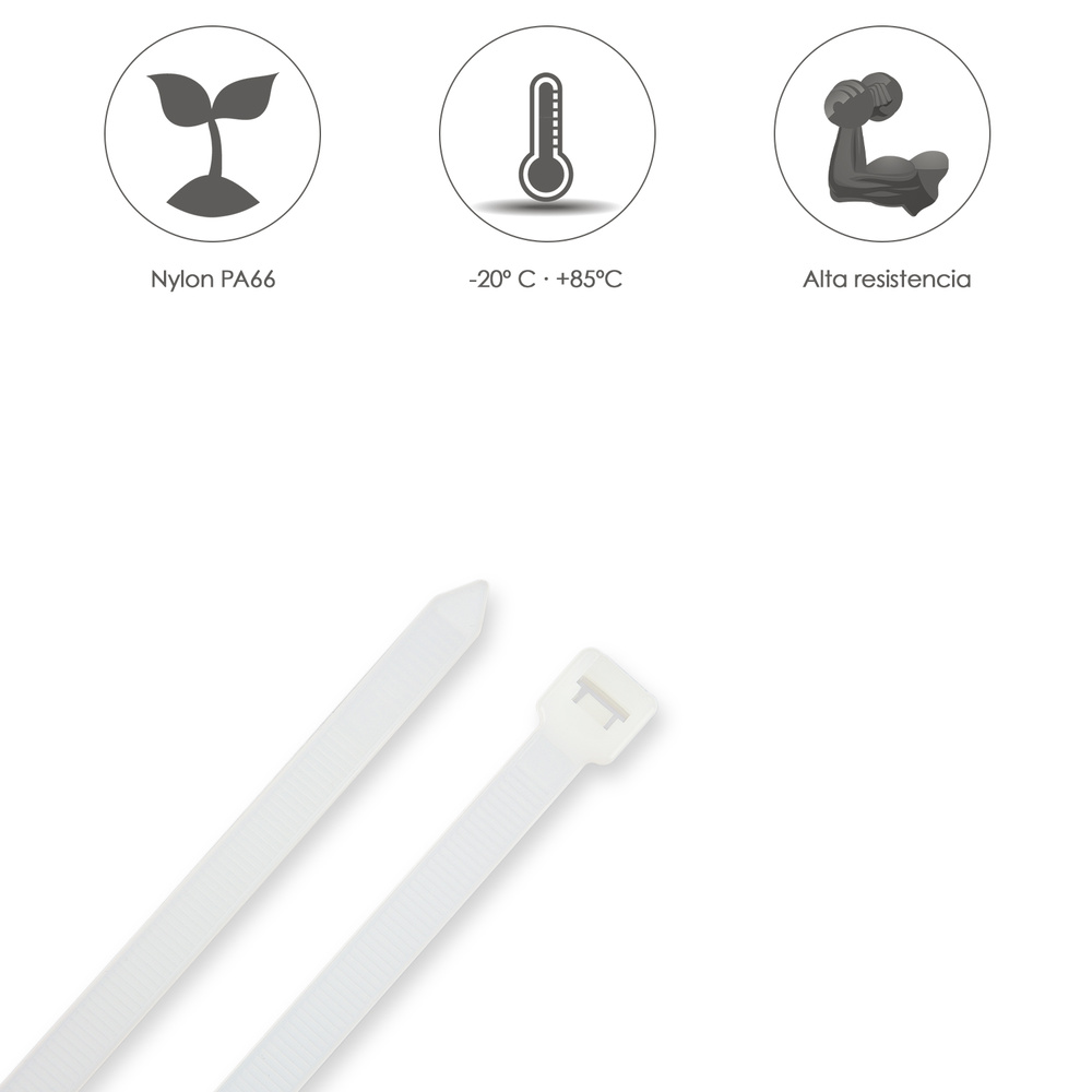 Brida Nylon 100%. Color Blanco / Natural 3,5 x 200 mm. 100 Piezas. Abrazadera Plastico, Organizador Cables, Alta Resistencia - Imagen 4