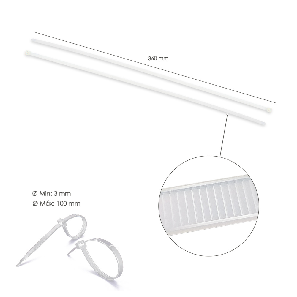 Brida Nylon 100%. Color Blanco / Natural 4,5 x 360 mm. 100 Piezas. Abrazadera Plastico, Organizador Cables, Alta Resistencia - Imagen 2