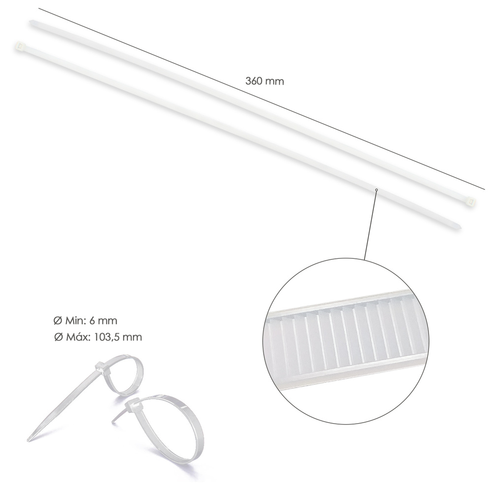 Brida Nylon 100%. Color Blanco / Natural 7,5 x 360 mm. 100 Piezas. Abrazadera Plastico, Organizador Cables, Alta Resistencia - Imagen 2