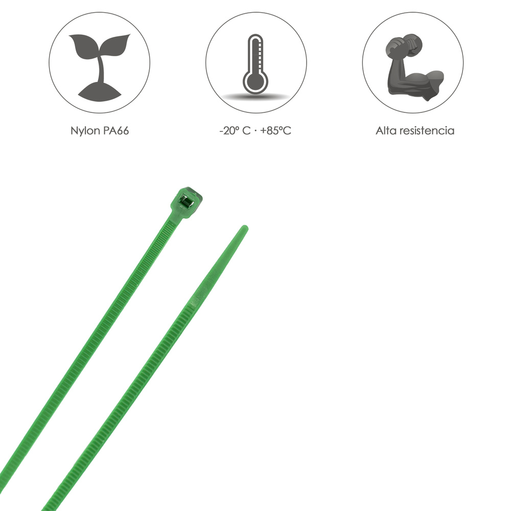 Brida Nylon 100%. Color Verde 4,6 x 200 mm. Bolsa 100 Unidades. Abrazadera Plastico, Organizador Cables, Alta Resistencia - Imagen 4