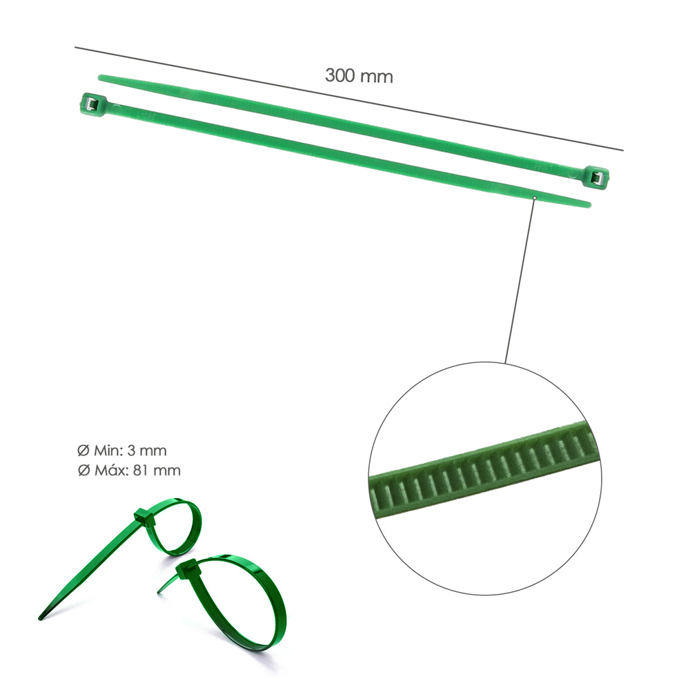 Brida Nylon 100%. Color Verde 4,6 x 300 mm. Bolsa 100 Unidades. Abrazadera Plastico, Organizador Cables, Alta Resistencia - Imagen 2