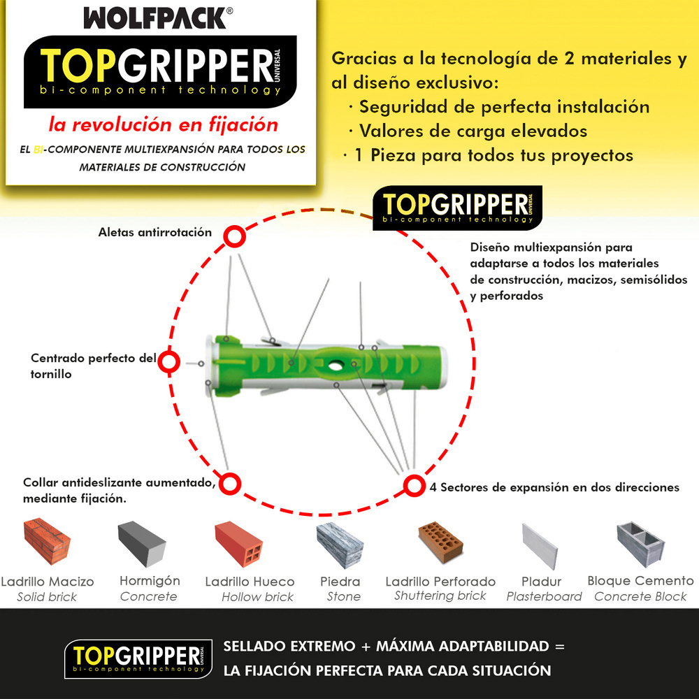 Blister Tacos Topgripper Bimaterial Con Tornillos Ø 5 mm. 50 Piezas Taco Anclaje Universal, Taco Hormigon, Taco Pladur, - Imagen 3