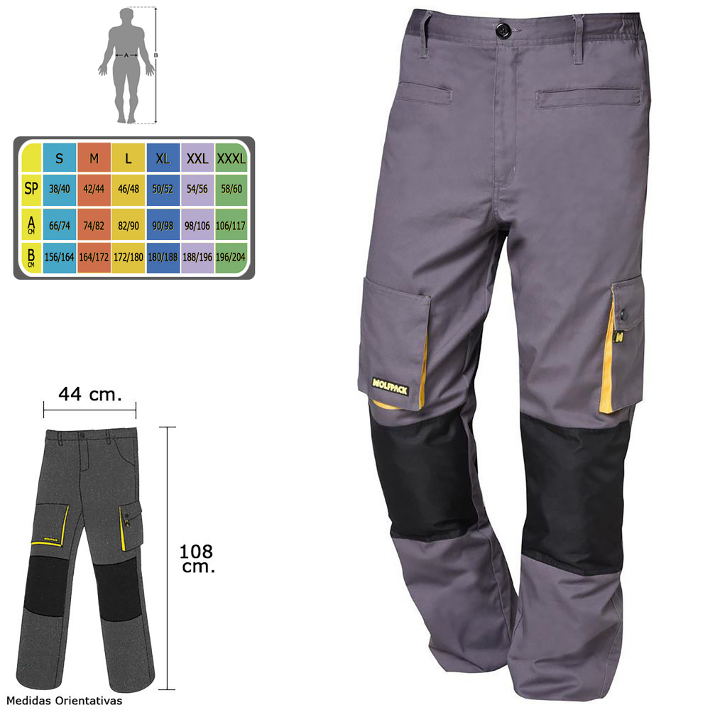 Pantalones Largos DeTrabajo, Multibolsillos, Resistentes, Rodilla Reforzada, Gris/Amarillo Talla 46/48 L (Slim Fit) - Imagen 2
