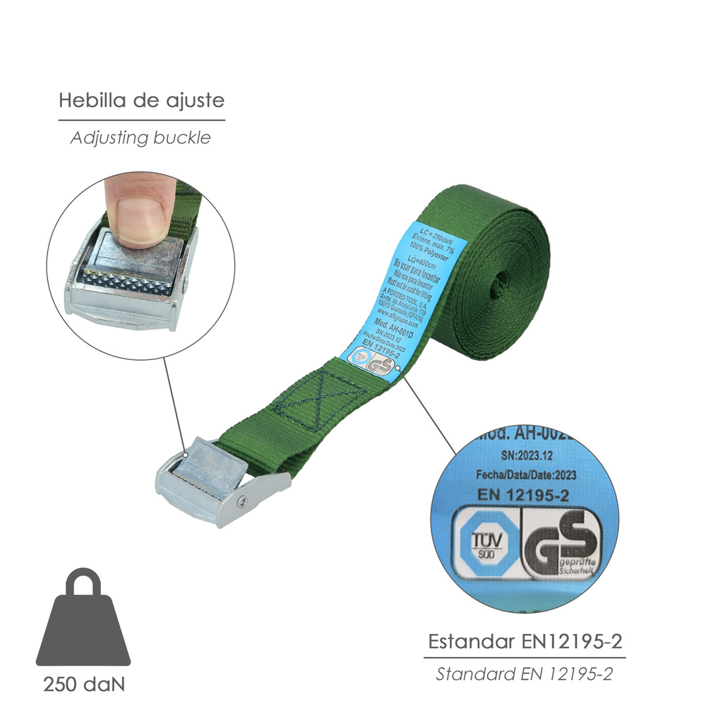 Cinta De Amarre Con Trinquete 4 metros x 25 mm. Trinquete Metalico Automatico, Cincha, Eslinga Mercancia, Correa Sujeción - Imagen 3