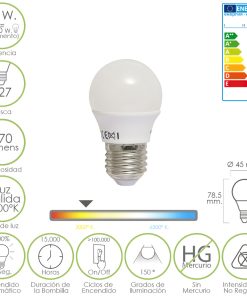 Bombilla Led Esferica E27 5 W. - 40 W. 470 lúmenes. Luz cálida (3.000 °K).