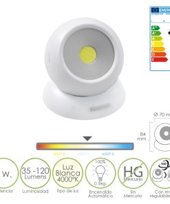 Linterna LED Armario Esfera A Pilas (3 AAA) 120 Lumenes Ajustable 300º Con Iman y Adhesivo.