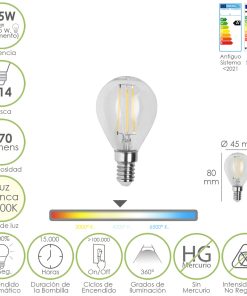 Bombilla Led Filamento Esfera Rosca E14. 4,5 Watt. Equivale A 35 Watt. 470 Lumenes. Luz Neutra 4000º K.