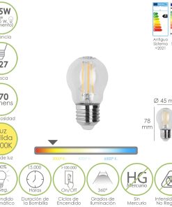 Bombilla Led Filamento Esfera Rosca E27. 4,5 Watt. Equivale A 35 Watt. 470 Lumenes. Luz Calida 2700º K.