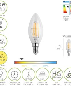 Bombilla Led Filamento Vela Rosca E14. 4,5 Watt. Equivale A 40 Watt. 470 Lumenes. Luz Cálida (2700º K.)