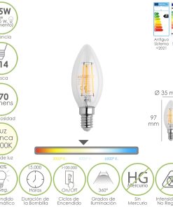 Bombilla Led Filamento Vela Rosca E14. 4,5 Watt. Equivale A 35 Watt. 470 Lumenes. Luz Neutra 4000º K.
