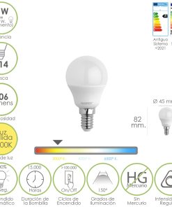 Bombilla Led Esferica Rosca E14. 5 Watt. Equivale A 55 Watt. 806 Lumenes. Regulable Luz Cálida (3000º K.)