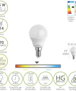 Bombilla Led Esferica Rosca E14 4.5 Watt. Equivale A 35 Watt. 470 Lumenes. Luz Neutra (4000º K)