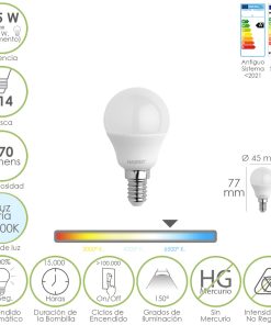Bombilla Led Esferica Rosca E14 4.5 Watt. Equivale A 35 Watt. 470 Lumenes. Luz Fria (6500º K)