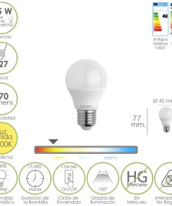 Bombilla Led Esferica Rosca E27 4.5 Watt. Equivale A 55 Watt. 470 Lumenes. Luz Cálida (2700º K.)