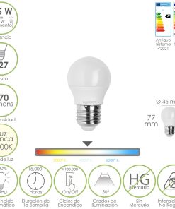 Bombilla Led Esferica Rosca E27 4.5 Watt. Equivale A 55 Watt. 470 Lumenes. Luz Neutra (4000º K)