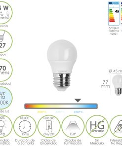 Bombilla Led Esferica Rosca E27 4.5 Watt. Equivale A 55 Watt. 470 Lumenes. Luz Fria (6500º K)