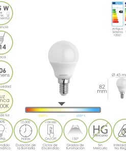 Bombilla Led Esfera Rosca E14. 6.5 Watt. Equivale A 50 Watt. 806 Lumenes. Luz Neutra 4000º K.