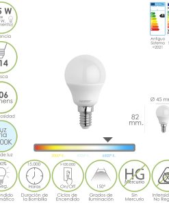Bombilla Led Esfera Rosca E14. 6.5 Watt. Equivale A 55 Watt. 806 Lumenes. Luz Fría 6500º K.