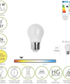 Bombilla Led Esfera Rosca E27. 6.5 Watt. Equivale A 50 Watt. 806 Lumenes. Luz Calida 3000º K.