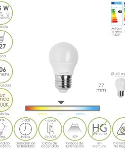 Bombilla Led Esfera Rosca E27. 6.5 Watt. Equivale A 50 Watt. 806 Lumenes. Luz Neutra 4000º K.
