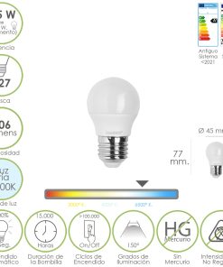 Bombilla Led Esfera Rosca E27. 6.5 Watt. Equivale A 55 Watt. 806 Lumenes. Luz Fría 6500º K.